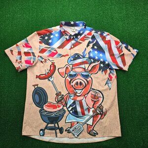 Hardaddy Shirt Mens XL/2XL Button Up Pig Barbeque Patriotic American Flag Summer